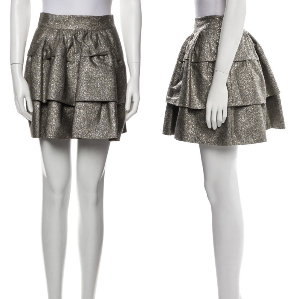 Diane von Furstenberg- Silver Gold Ruffle Embellished Tiered Mini Skirt Size 6